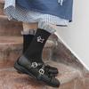 Female Spring and Autumn Personality Trend Blue Check Pattern Lace Puppy Embroidery in The Tube Pile Socks