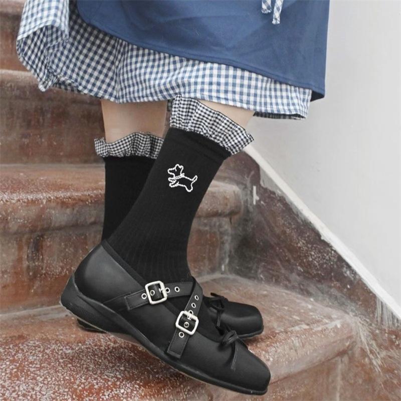 Female Spring and Autumn Personality Trend Blue Check Pattern Lace Puppy Embroidery in The Tube Pile Socks