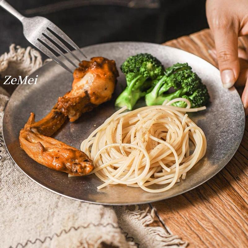 Retro Stainless Steel Circle Dinner Plate,Gray Heat-Resistant Home Steak Plate Dinner Dishes Grill Tray Tableware,Kitchenware