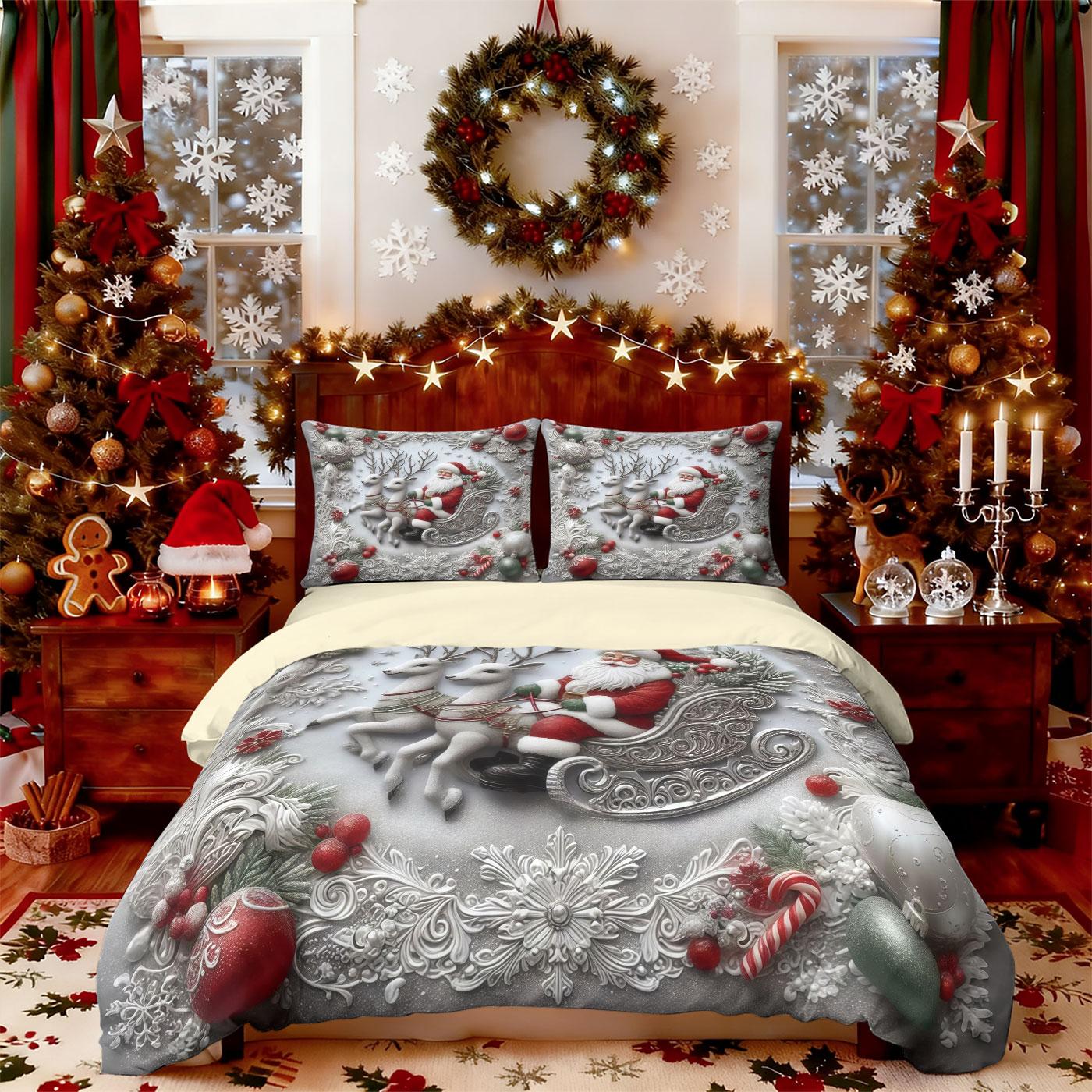

3Pcs Imitation Relief Santa Claus Printed Coreless Bedding Set, Multi Size Bedroom Bedding Decoration, Machine Washable 135x200cm-EU-Single&set