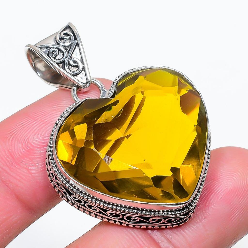 Lab Created Citrine Vintage Pendant 1.9" Silver Tone Heart Cut Gemstone Jewelry