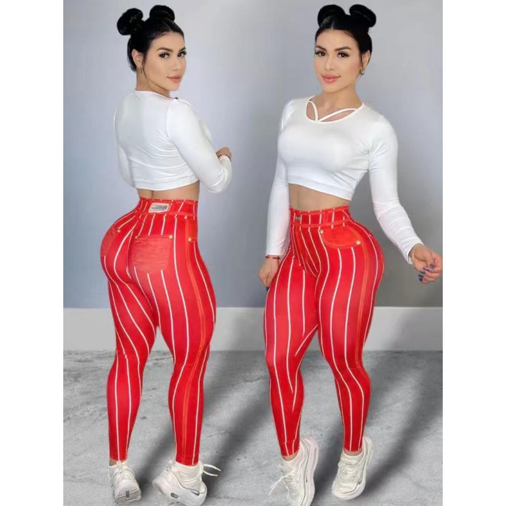 High-Waisted Denim-Effect Print Yoga Trousers Stylish and Sensual Sports Fitness Pants for Women