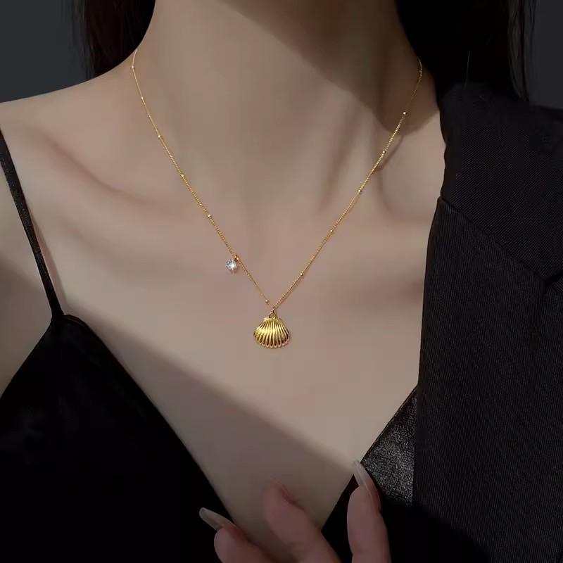 S925 Sterling Silver Christmas Scallop Necklace - Striped Shell & Bead Clavicle Chain, Korean Blogger Style