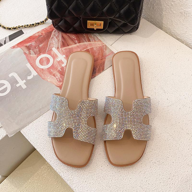 

2025 лето новая женская обувь студенческие балетки на плоской подошве с мягкой подошвой с яркими бриллиантами женские шлепанцы на перемычке модные женские шлепанцы 41