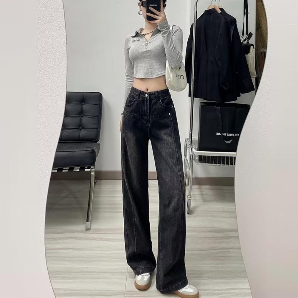 Trendy High-waisted Wide-leg Jeans for Women's Spring and Autumn New Loose and Versatile and Thin Meat-covering Floor-mopping Jeans