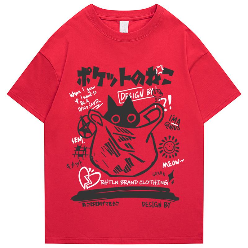 Hip Hop TShirt Unisex Streetwear Japanese Kanji Funny Cat Printed T Shirt 2026 Unisex Harajuku Cotton Casual Short Sleeve Tshirt Tops