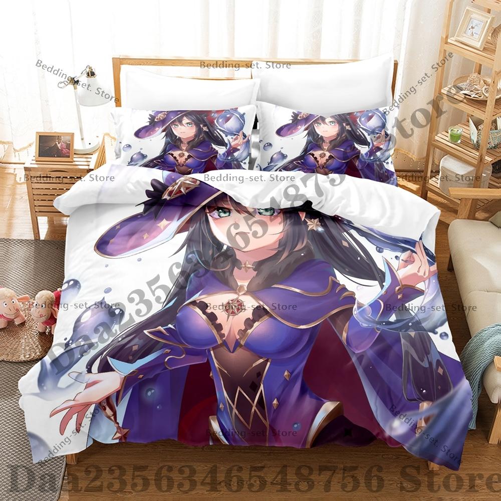 Game Genshin Impact Mona Bedding Set Kawaii Three Piece Set Bed Set Adult Bedroom Duvetcover Sets Anime Bed Sheet Set