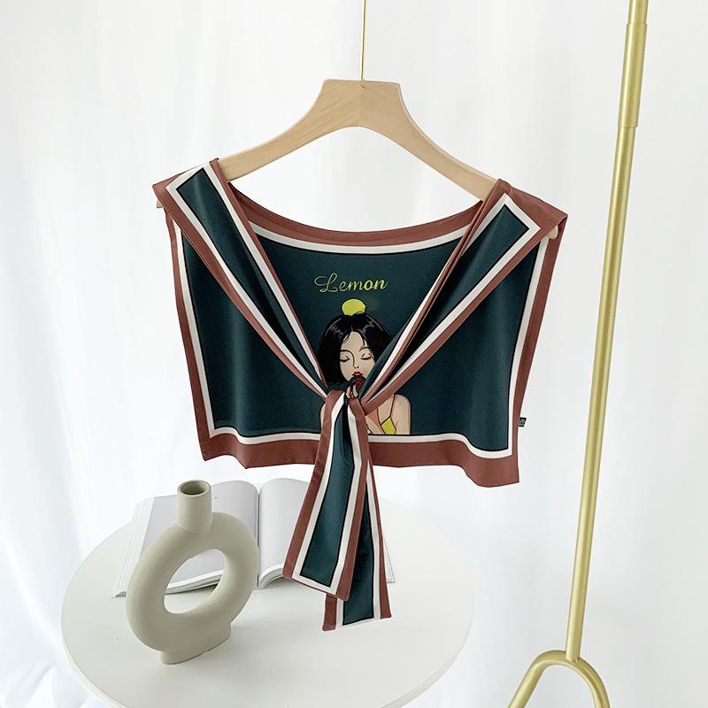 

Солнцезащитный маленький шелковый шарф на плечо с ледяным шелком снаружи, защитная шаль для шейного отдела позвоночника, шелковый шарф для женщин, кондиционер, тонкий поддельный воротник Average size