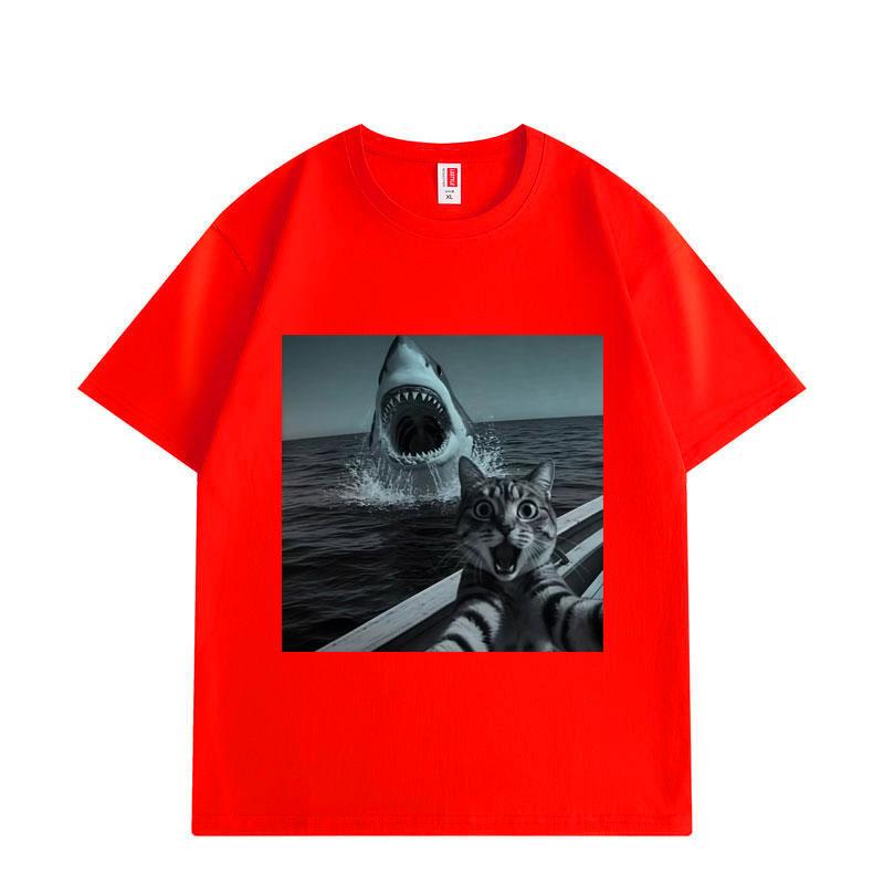 Selfie Chat avec Requin T-shirts Graphiques Drôles Hommes Femmes Mode Vintage Manches Courtes T-shirts Été Lâche Coton T-shirt