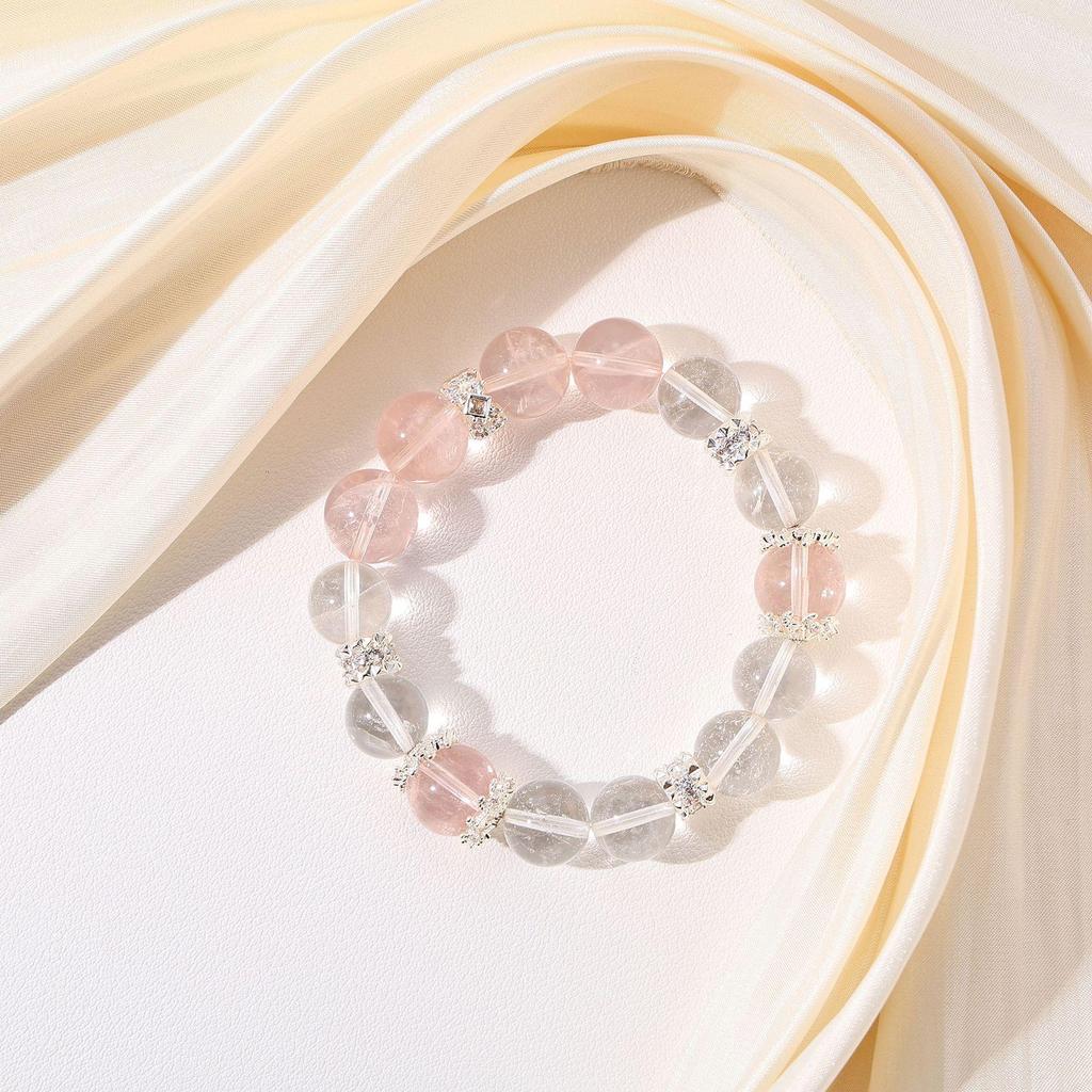 Natural Pink Quartz & White Crystal Bracelet for Girls - Sweet, Heart Design 