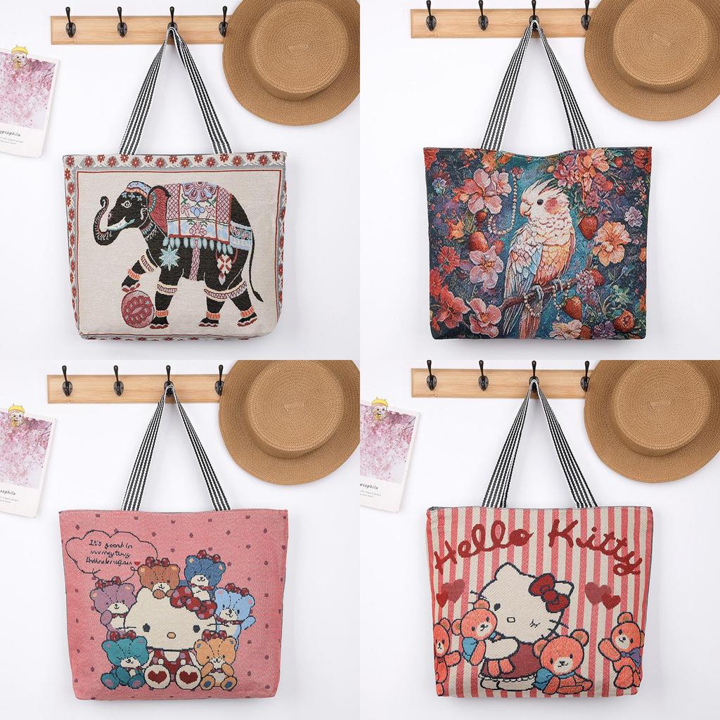 Elephant Hello Kitty Butterfly Embroidered Canvas Tote Bag With Seamed Stitching For Daily Use