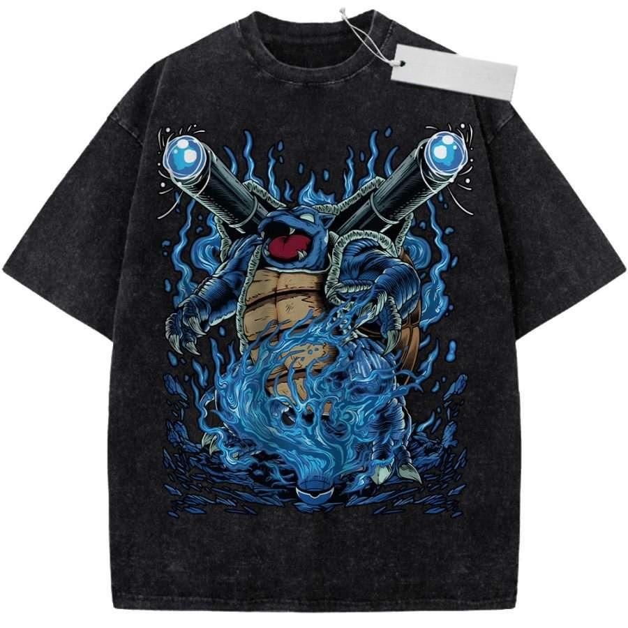 

T Shirt Sports T Shirt Short Sleeve T Shirt Black Unisex Pure Cotton Washed Vintage Pokemon Blastoise Blue Water Effects Print M