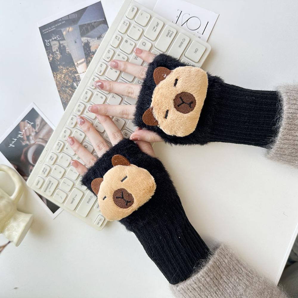 

Half Finger Plush Gloves Solid Color Winter Velvet Gloves Cute Women Mittens Ladies Style A-Black