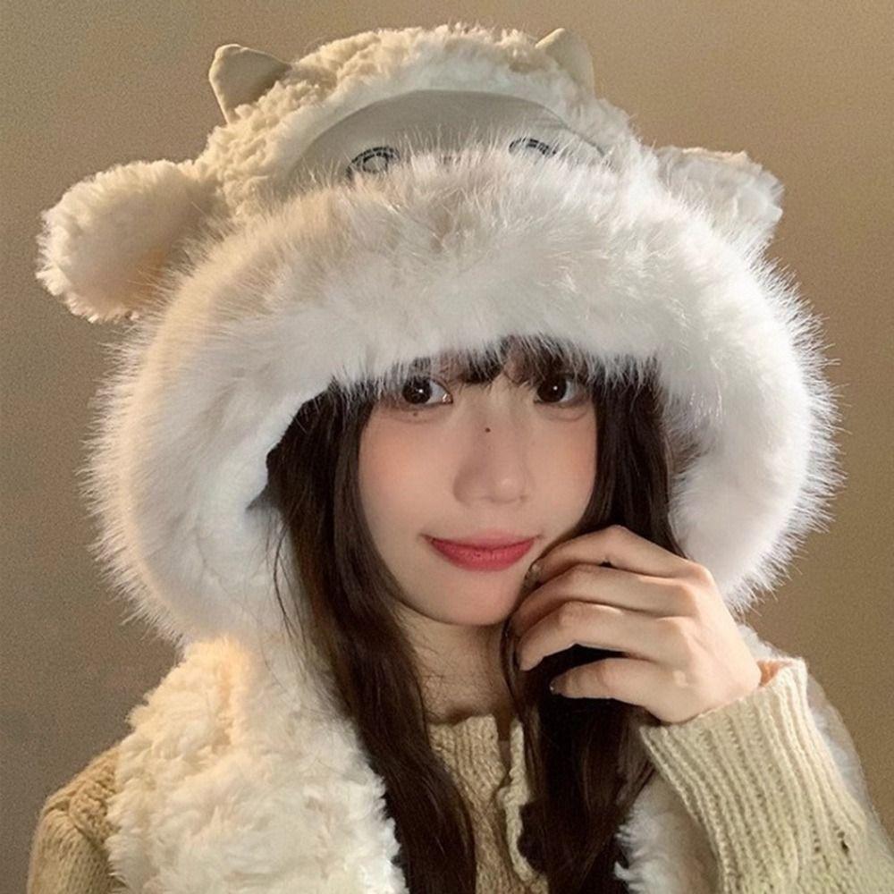 Cute Winter Warm Hat Sheep Ear Windproof Ear Protection Hat Neck Warmer Thickened Integrated Hat Scarf Set for Women Girls