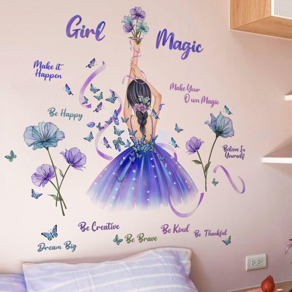 Bedroom Livingroom Home Decoration Girls On Moon Princess Wall Stickers Butterfly Flower Decals