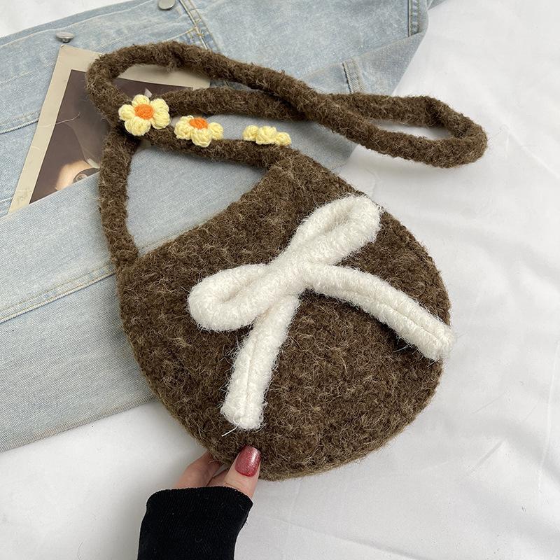 Macaron plush oval cute autumn new bag small crossbody shoulder backpack bow mobile phone bag