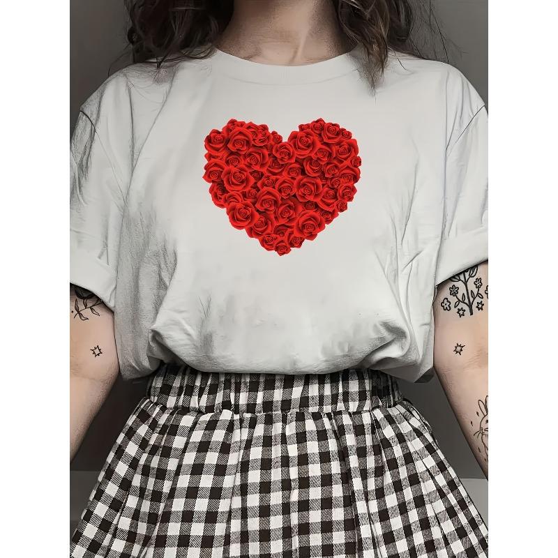 

European Size 1 Valentine s Day Love Rose, Women s Summer Casual T-shirt Set, Crew Neck, Polyester Knit, Regular Fit S белый