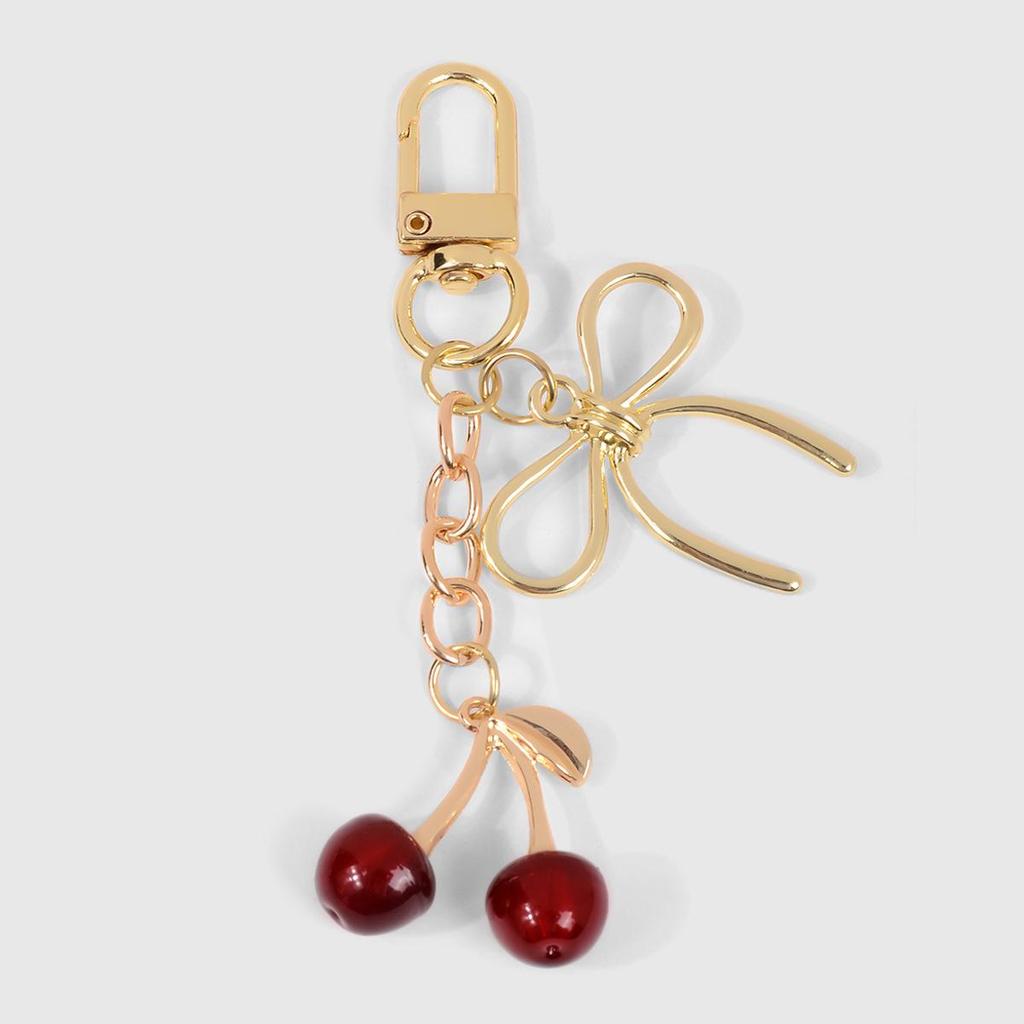 Elegant Pastoral Gold & Silver Chain Bowtie Faux Cherry Keychain Charm