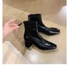 Super Soft Sheepskin Square Head Thick Heel Rear Zipper High Heel Bare Boots Martin Boots Women's Thin Short Boots