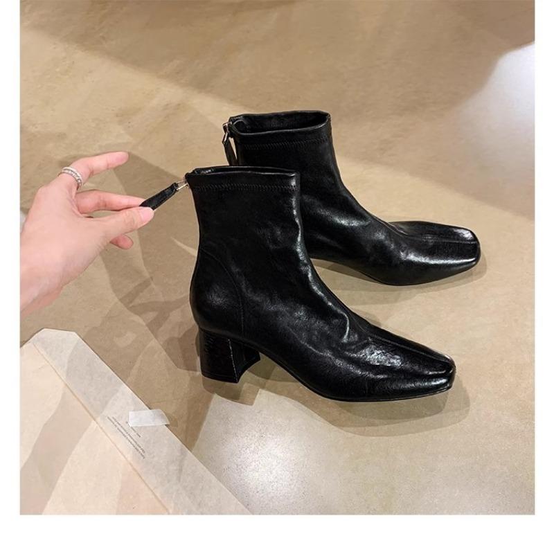 Super Soft Sheepskin Square Head Thick Heel Rear Zipper High Heel Bare Boots Martin Boots Women's Thin Short Boots