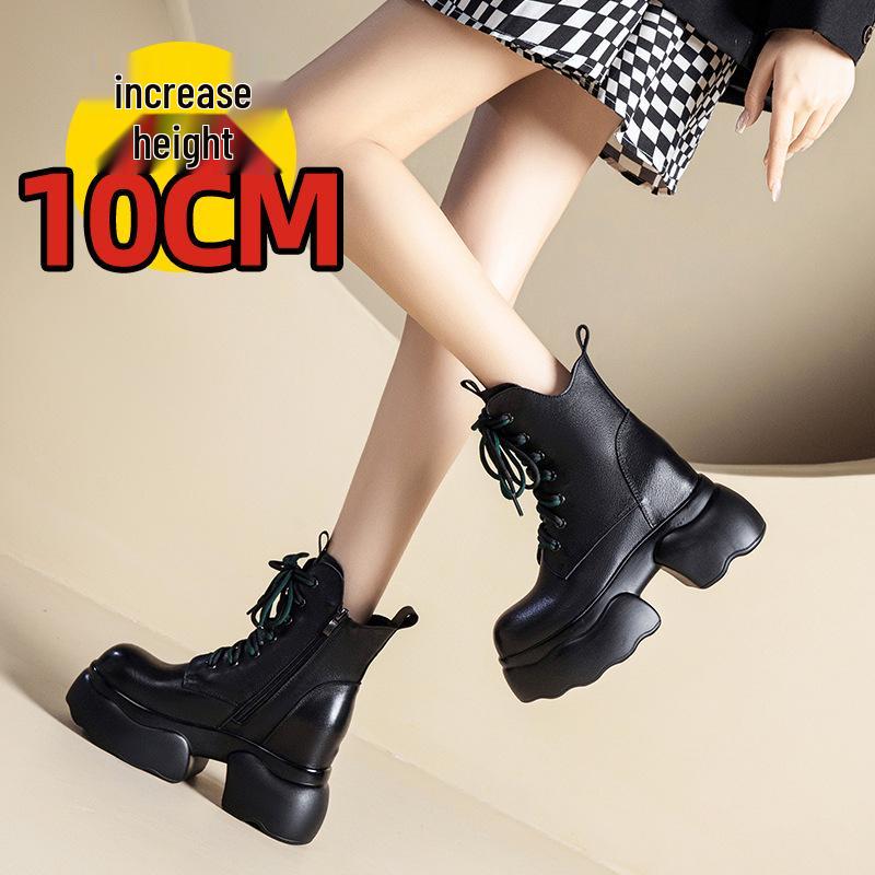 Women's Genuine Leather British-Style Ankle Boots - Versatile Autumn/Winter Fashion with Thick Sole and Inner Height Adjustment