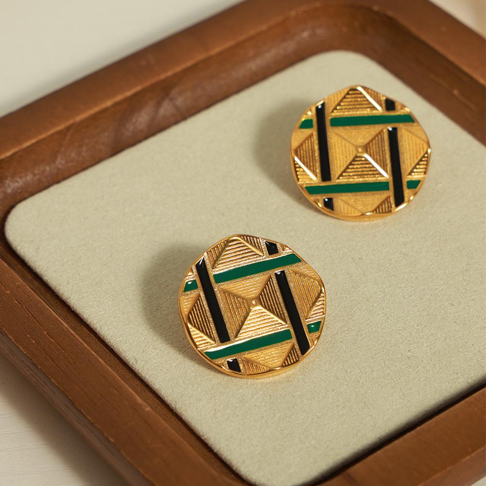 Stylish Gold-Plated Enamel Pyramid Carved Round Stud Earrings