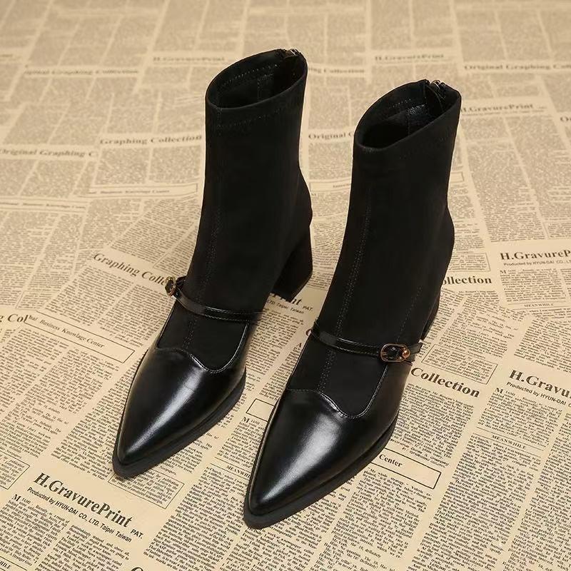 Autumn and winter new short boots French retro pointed one-word buckle thick heel fashion boots women's medium tube suede spell