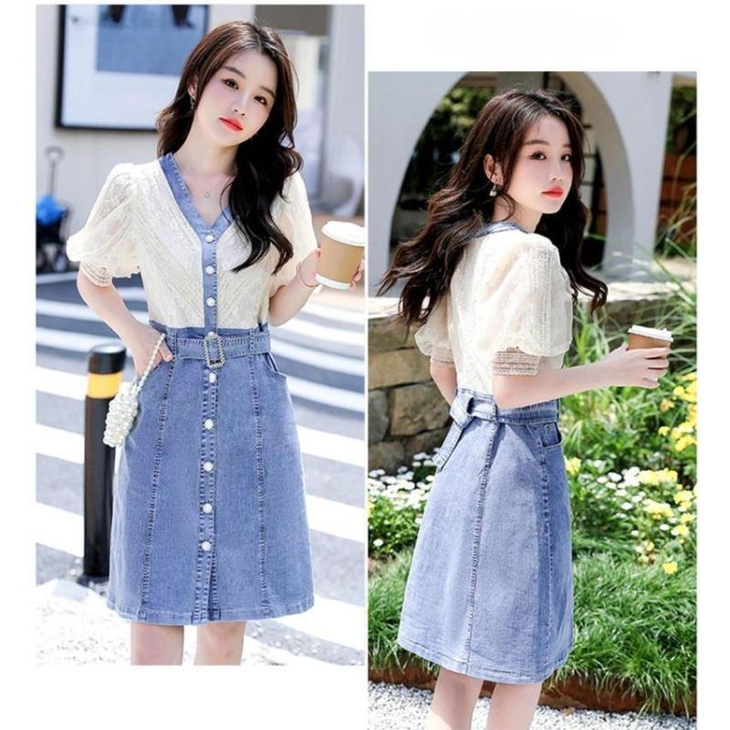 Fashionable Summer Women Dress Small Fragrance Style Lace Patchwork Denim V-Neck Unique Design