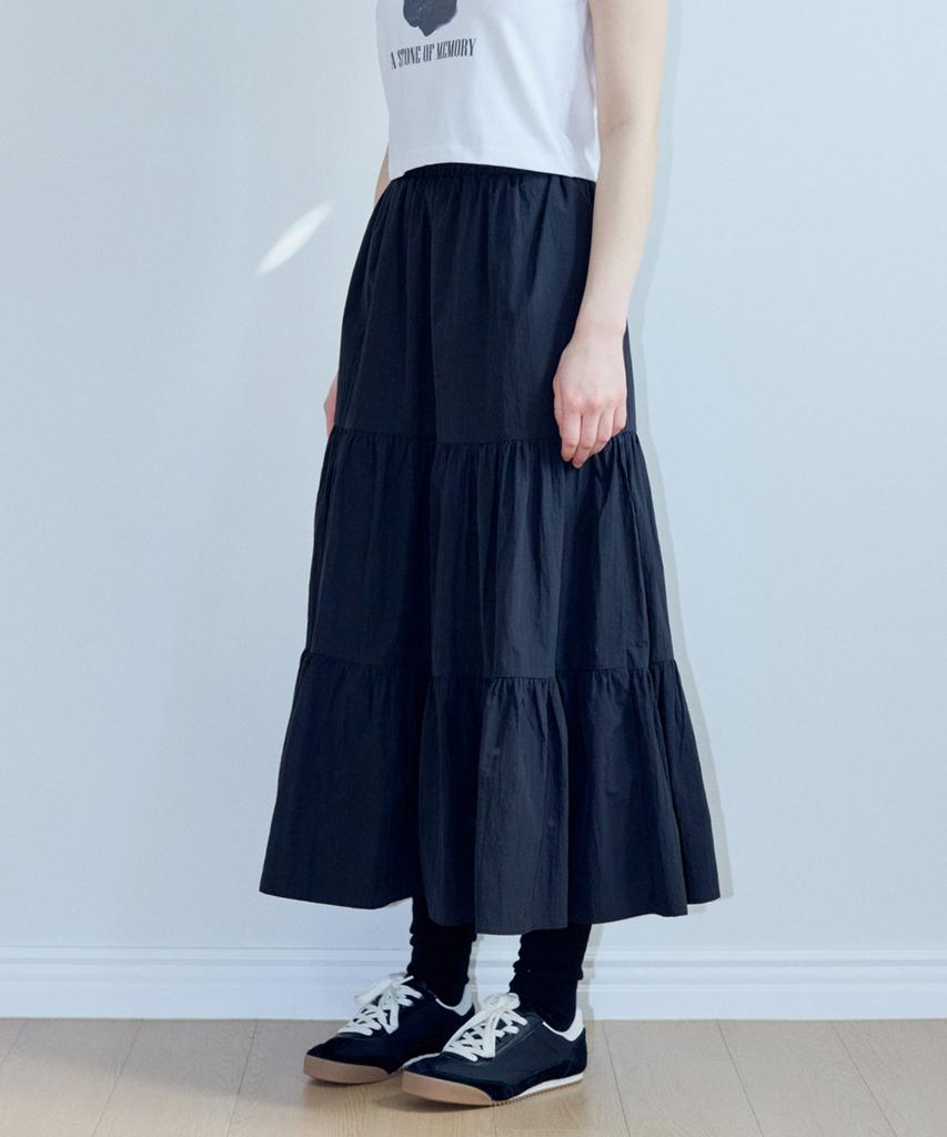 MARROT Shirred Frill Long Skirt_Black