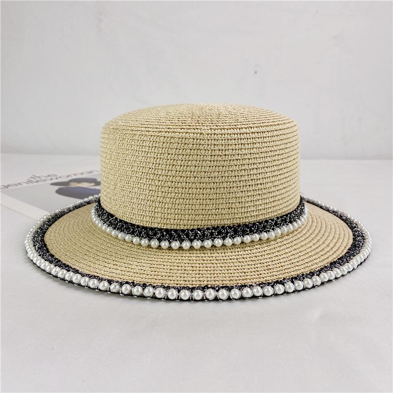 French Retro Pearl Lace Flat Top Straw Hat Women's Tide Summer Outing Seaside Sun Hat Beach Hat