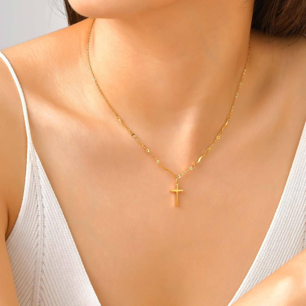 Ladies Fashion Stainless Steel Wave Chain Cross Necklace 18K Gold Versatile Jewelry Nc-2300