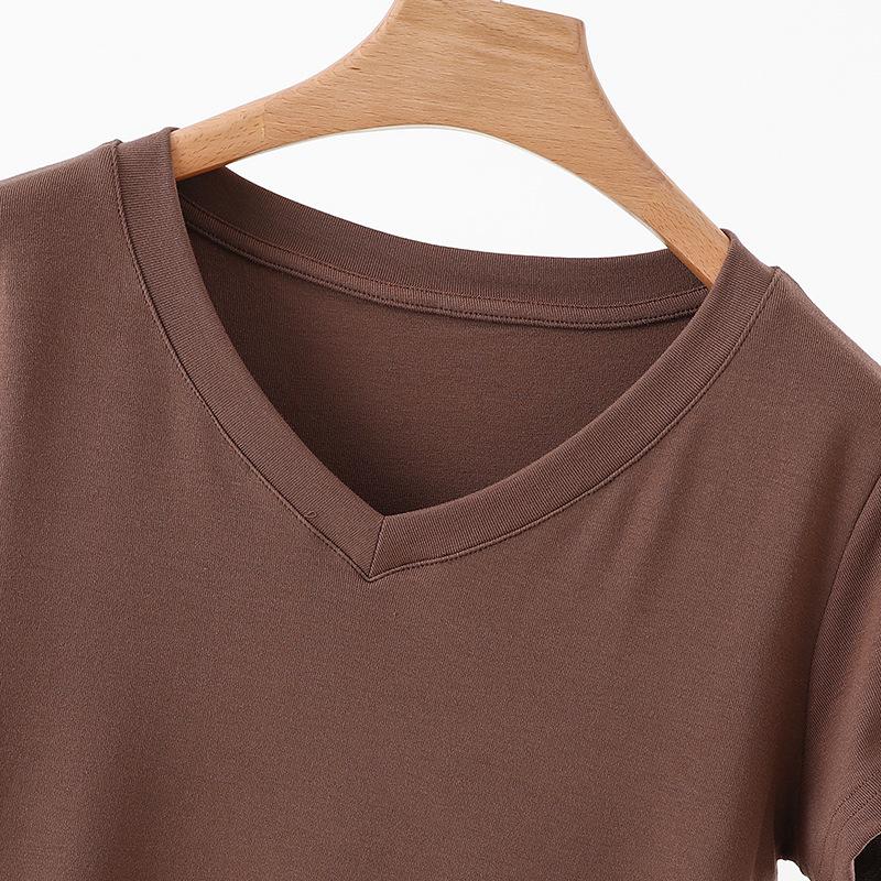 Women's Summer 2025 Slimming Solid V-Neck Short Sleeve T-Shirt - Casual, Versatile and Stylish