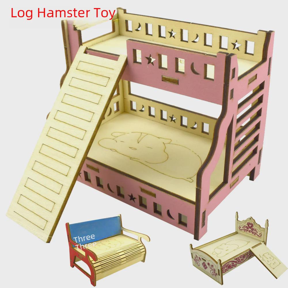 Solid Wood Hamster Climbing Frame Car House with Stairs and Platform Nest Fence for All Seasons.