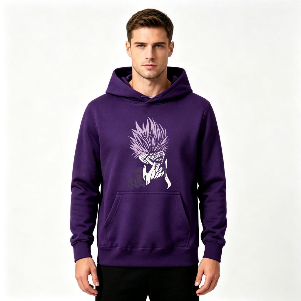 Men's Anime Character Print Pullover Hoodie Casual Long Sleeve Light Purple Graphic Sweatshirt