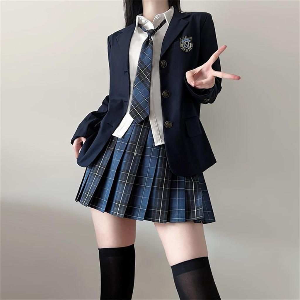 Sivrusn High School Girl Cosplay Uniform Checkered and Perfect for Graduations and Entrance Size 5-Piece Set Blazer, Skirt, Tie, Shirt, Badge.