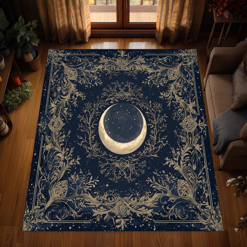 Crescent Moon Celestial Night Sky Rug Mystical Art Carpet Elegant Blue Living Room Decor Non-Slip Washable Floor Mat