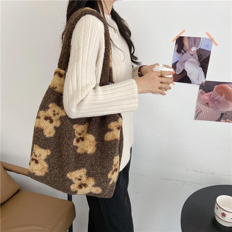 Bolsa de Ombro Única de Pelúcia de Urso, Uso Frente e Verso, Grande Capacidade, Bolsa de Compras