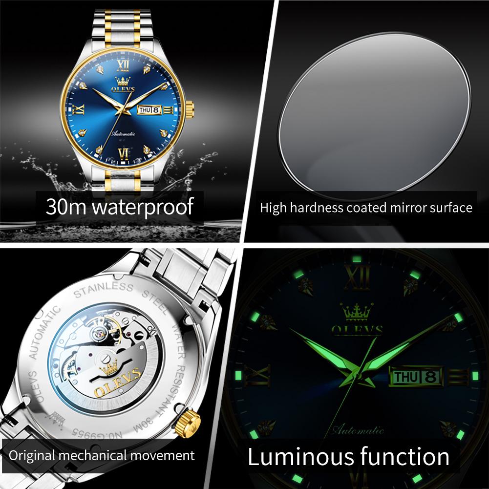 OLEVS brand fully automatic mechanical watch with diamond inlaid dual calendar mechanical men's watch 9955