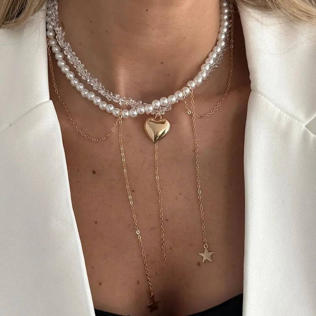 SHIXIN Elegant Imitation Pearls Crystal Beaded Chokers Necklace for Women Vintage Love Heart Pendant Necklace Y2K Accessories