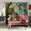 1pz Tenda da Doccia Tigre del Bengala - Vivace Design Giungla Tropicale con Divano Rosa, Foglie e Fiori Tropicali, Stile Semi-Realistico