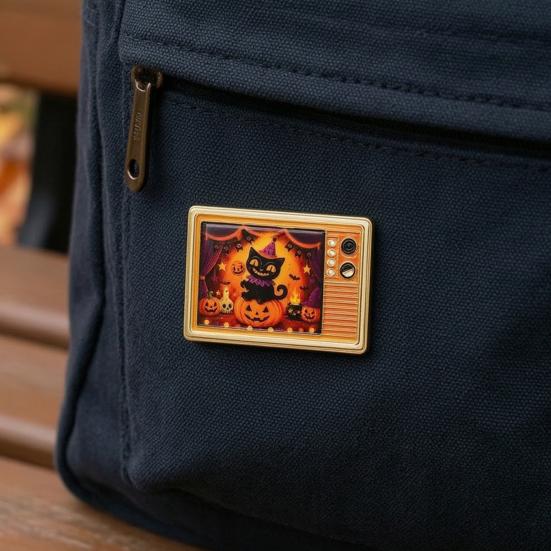 Decorative Hat Pin Retro TV Brooch for Halloween, Pumpkin Ghost Black Cat Crow Badge, Holiday Lapel Sweaters Jackets Scarves Decoration Zinc Alloy
