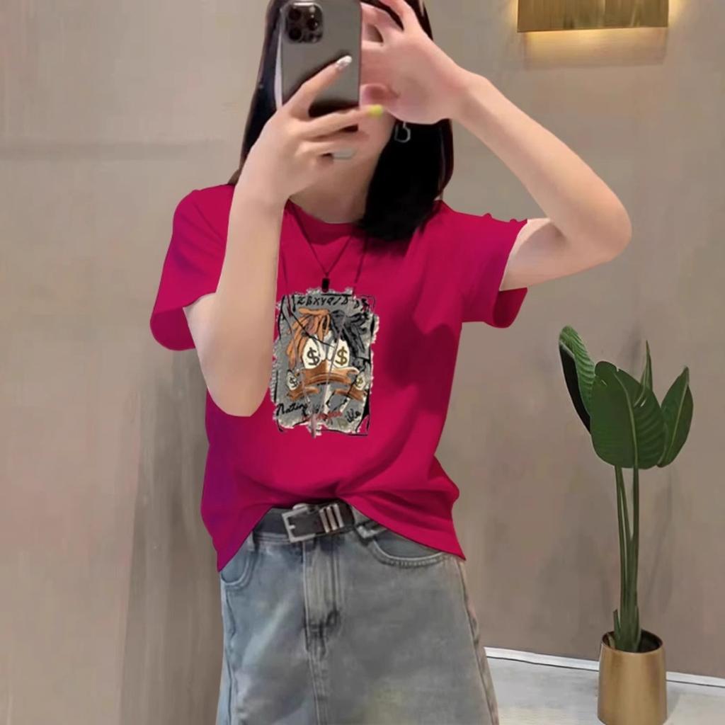 2025 new shoulder pure cotton cartoon short-sleeved T-shirt women's fashion versatile and thin apricot top bottoming shirt summer