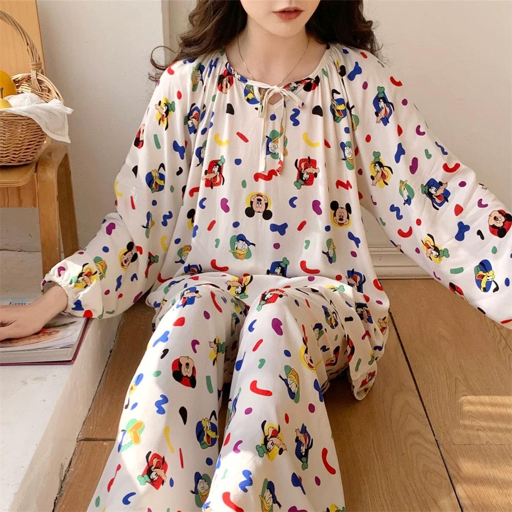 Women's Cloud Cotton Pajamas - Round Neck, Long Sleeve and Pants, Cozy Cartoon Design for Spring and Fall, Suitable for Home or Outdoors