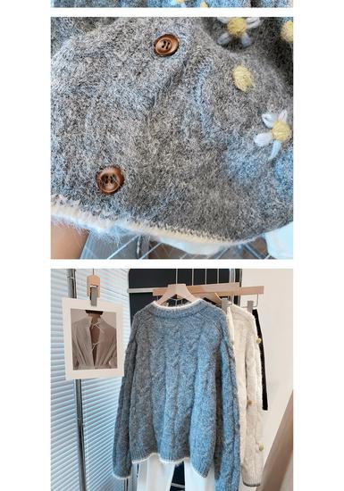 Handmade Floral Round Neck Sweater Coat for Women - 2026 Autumn/Winter Loose Lazy Style Thick Knit Cardigan