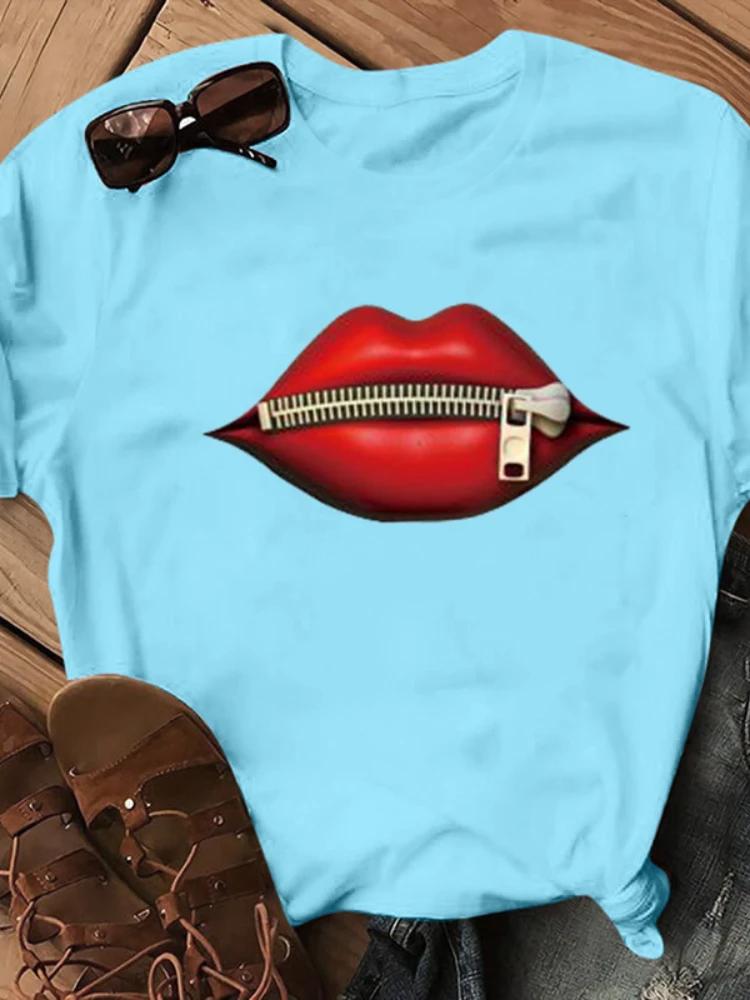 Zipper Lip Print T Shirt Women Short Sleeve O Neck Loose Tshirt Summer Women Tee Shirt Tops Camisetas Mujer
