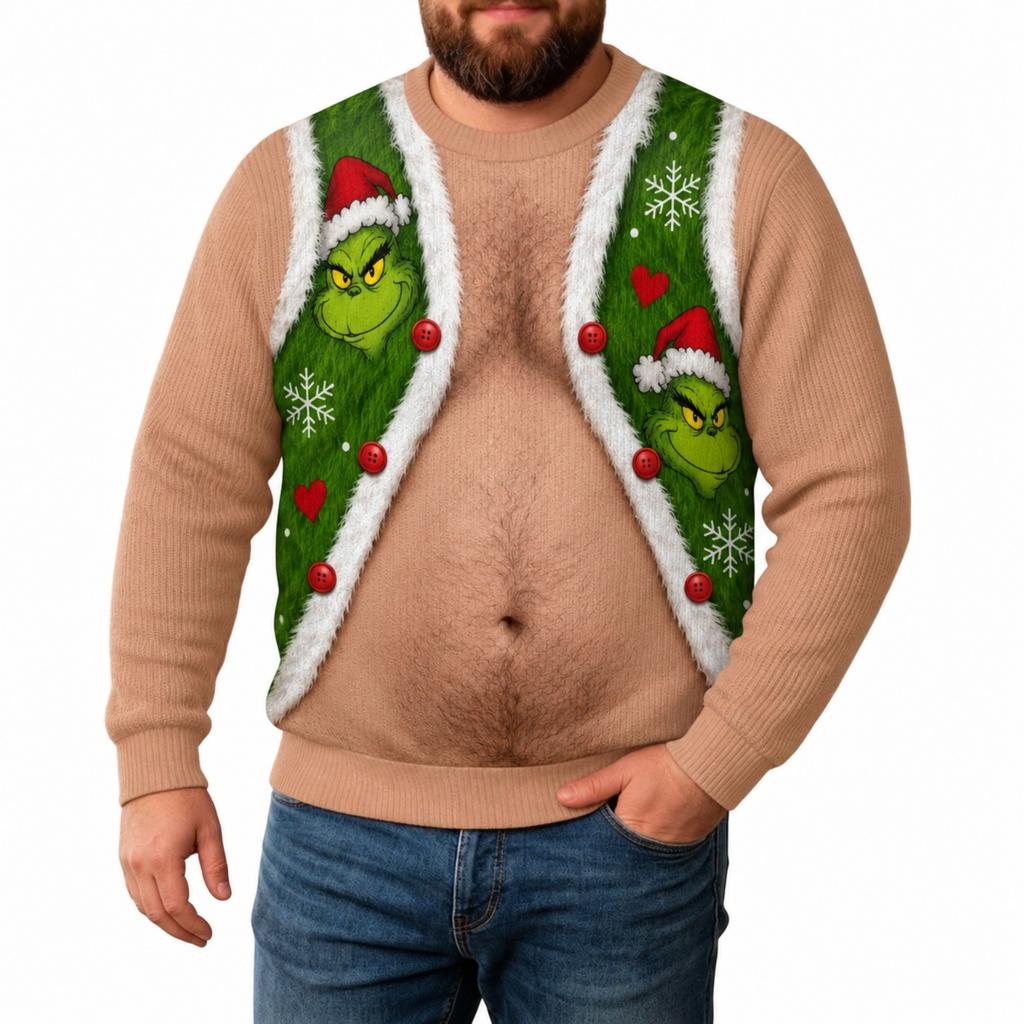 Men's Christmas Print Round Neck Knit Sweater Long Sleeve Pullover for Fall Winter