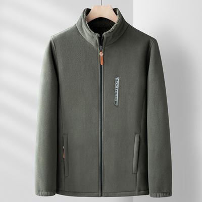 Men Coat Stand Collar Long Sleeve Polar Fleece Lining Cardigan Jacket Solid