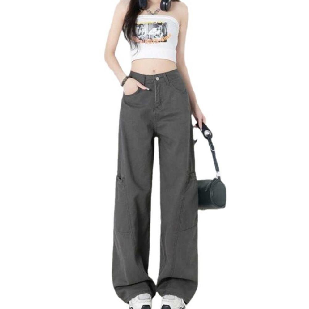 American wide-leg overalls spring and autumn new retro high-waisted loose jeans casual mopping jeans