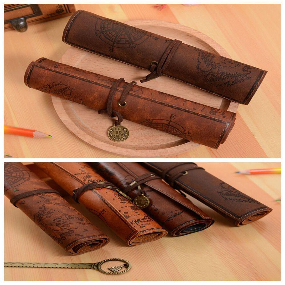 Map Roll Vintage Case Bag Purse Pouch Pen Pencil Case for School Leather Cosmetic Make Up PU Bag