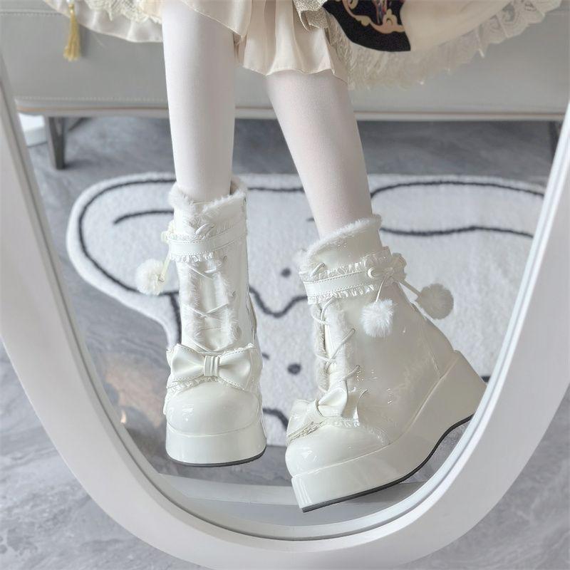 Sweet hairball bow lolita snow boots 2025 new thick-soled plush warm cute winter cotton boots